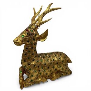 Balinese Gold Leaf Deer Statue Hand-Carved Champaka Wood Folk Art Colored Glass